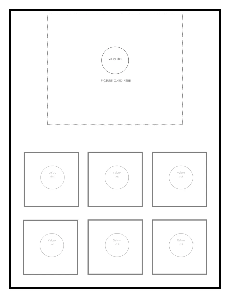 Blank sorting mat 1 of 9: students attach a category picture card on the top Velcro dot, then sort six matching cards below