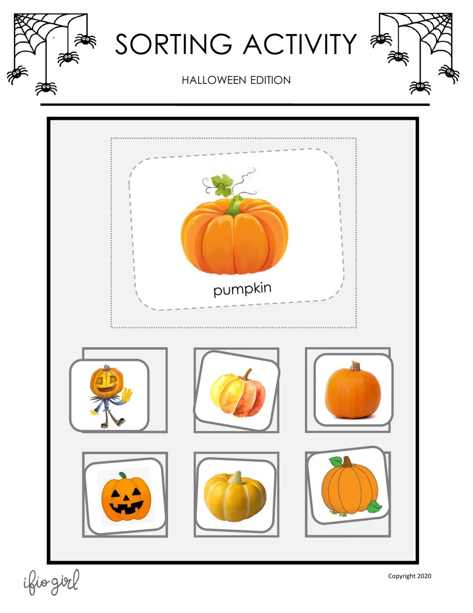 Cover of the Halloween sorting activity showing a pumpkin category card and six different pumpkin picture cards.