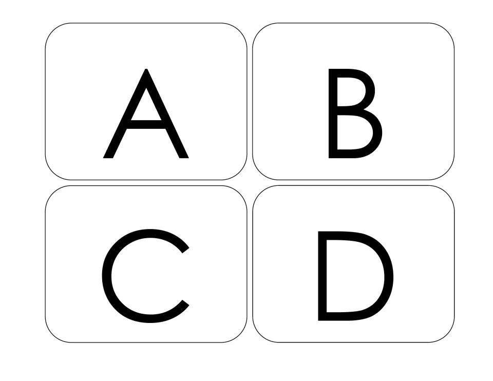 Alphabet sorting cards 1–4: uppercase A, B, C, and D, the first four letter cards in the matching resource