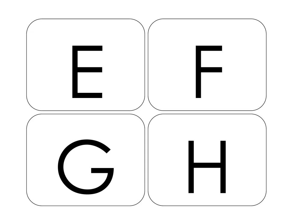 Alphabet sorting cards 5–8: uppercase E, F, G, and H, continuing the letter cards for matching practice
