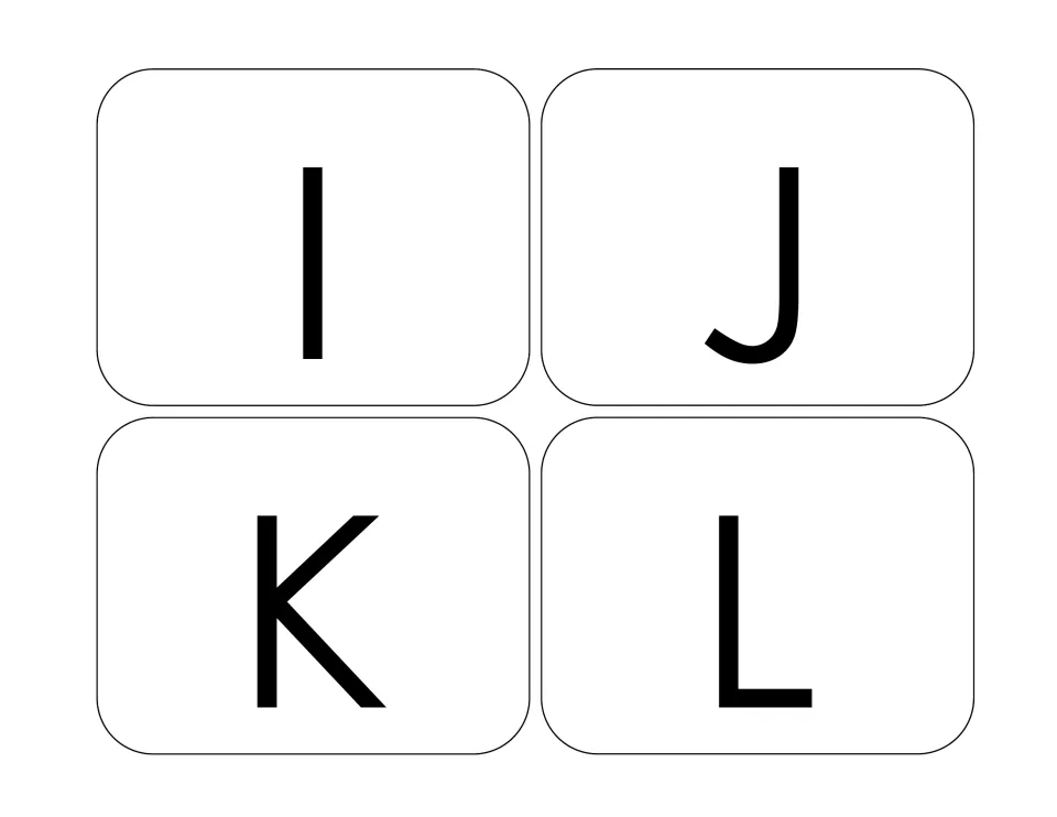 Alphabet sorting cards 9–12: uppercase I, J, K, and L, continuing the letter cards for matching practice
