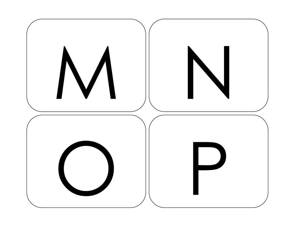 Alphabet sorting cards 13–16: uppercase M, N, O, and P, continuing the letter cards for matching practice