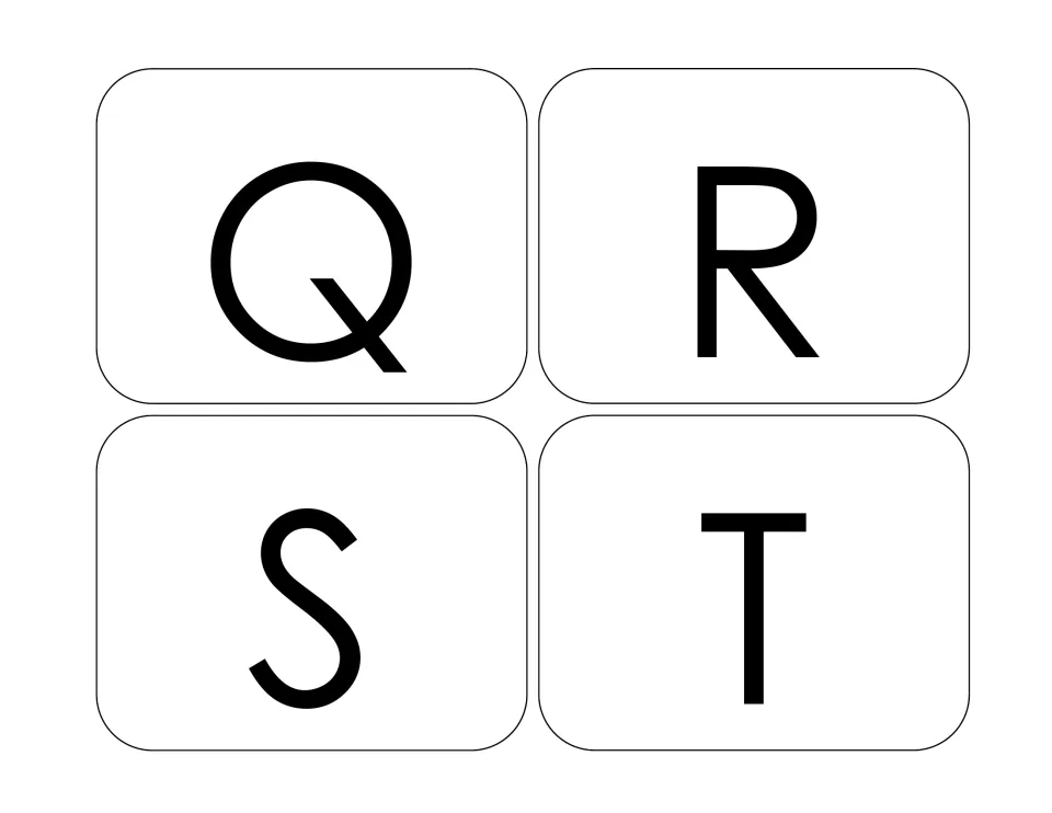 Alphabet sorting cards 17–20: uppercase Q, R, S, and T, continuing the letter cards for matching practice