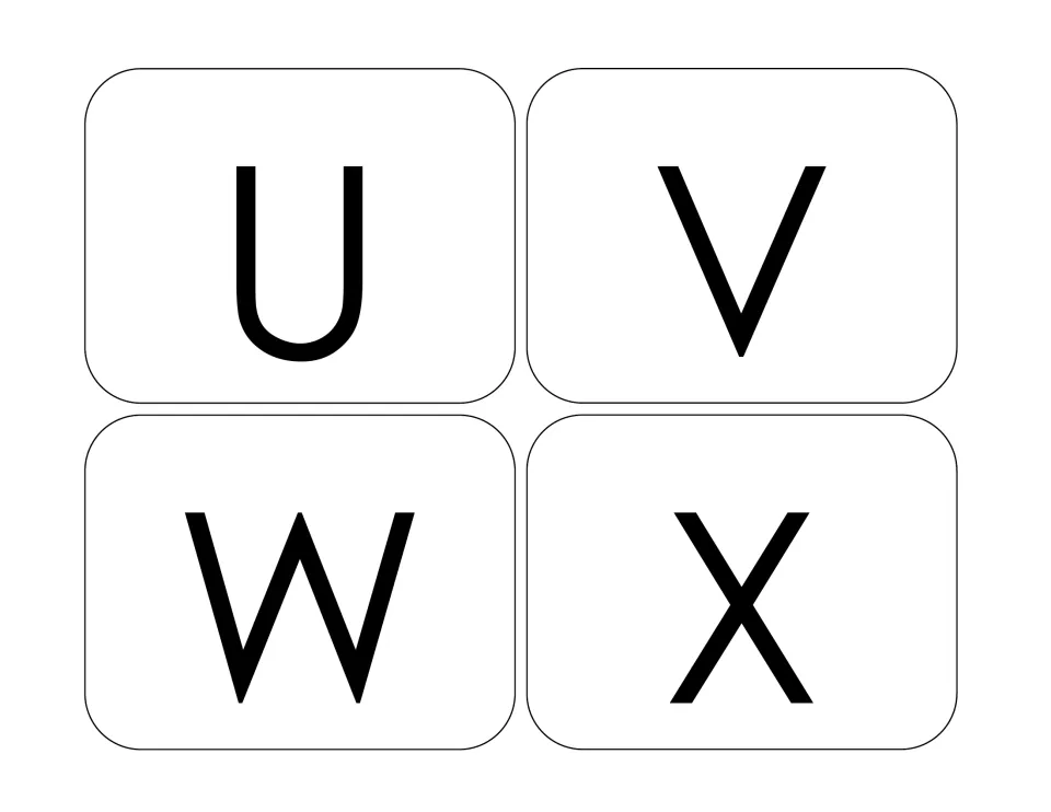 Alphabet sorting cards 21–24: uppercase U, V, W, and X, continuing the letter cards for matching practice