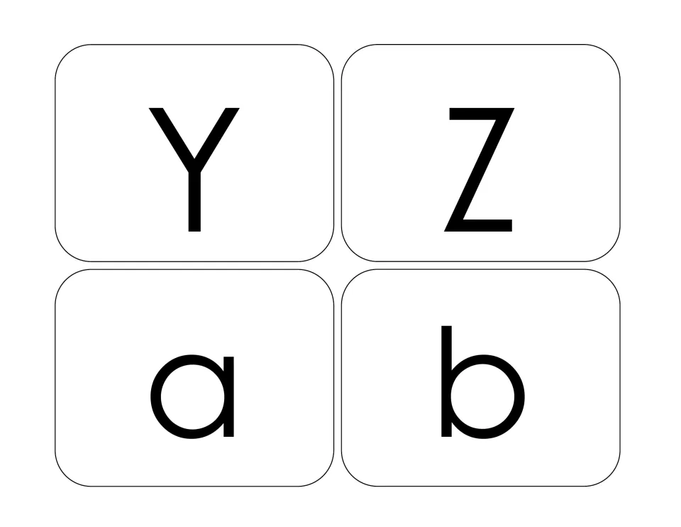 Alphabet sorting cards 25–28: uppercase Y and Z finish the capitals, and lowercase a and b begin the next set