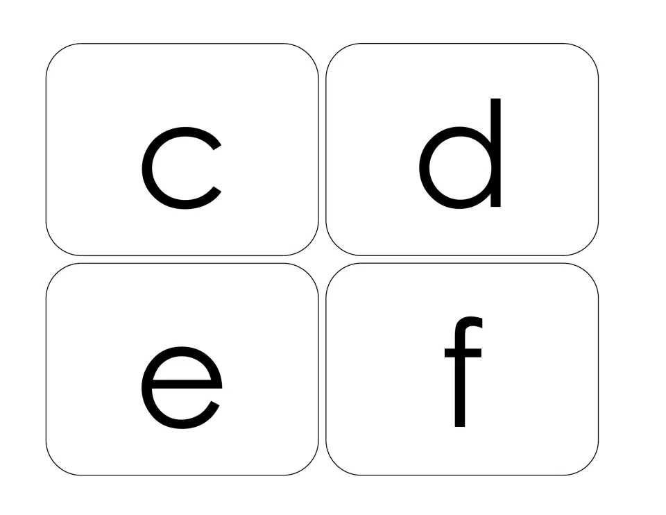 Alphabet sorting cards 29–32: lowercase c, d, e, and f, continuing the letter cards for matching practice