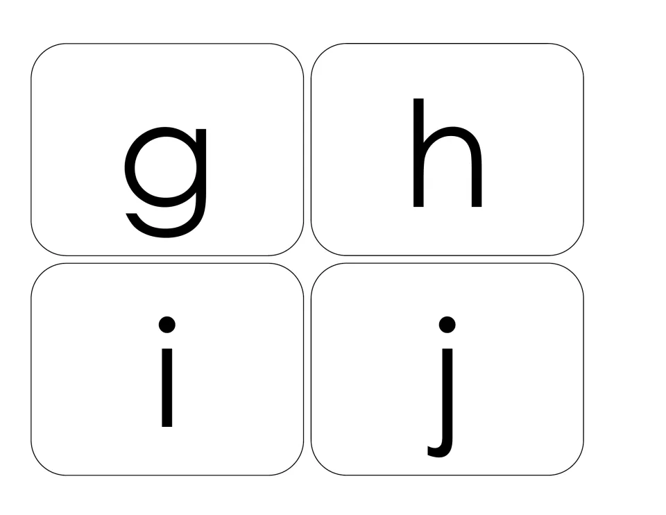 Alphabet sorting cards 33–36: lowercase g, h, i, and j, continuing the letter cards for matching practice