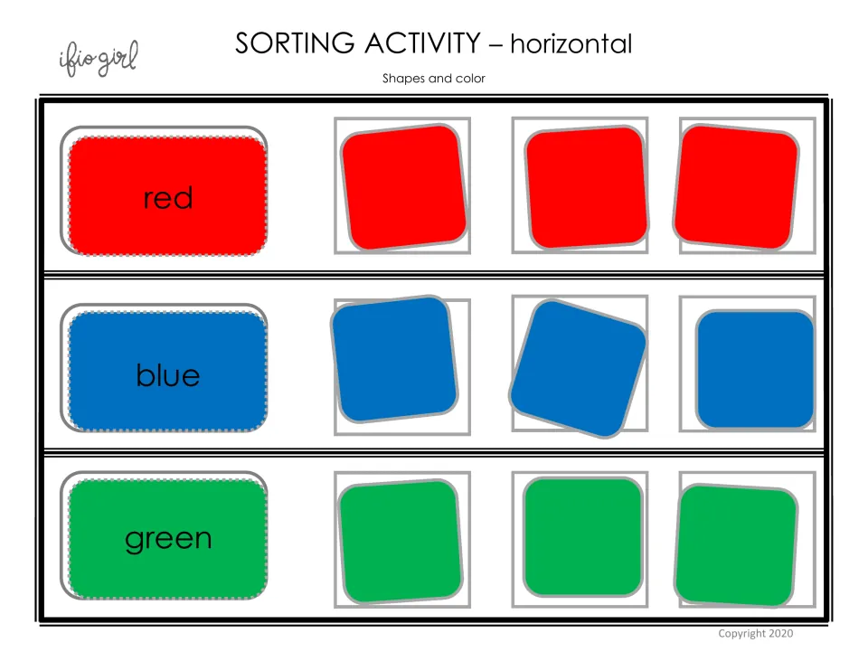 Color sorting example: red, blue and green label cards, each followed by three matching colored squares sorted beside it