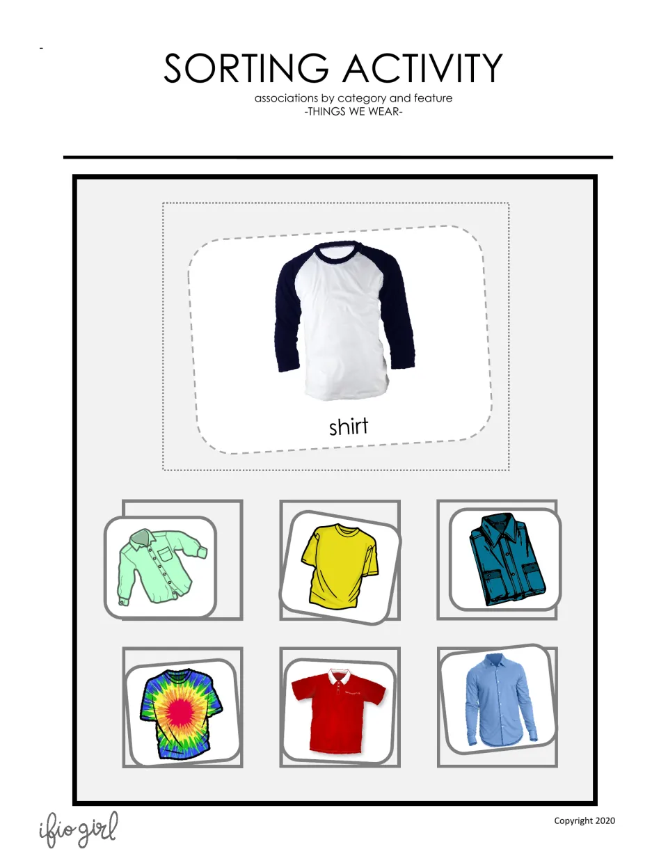 Clothing sorting activity cover: a card labeled 'shirt' and six examples of T-shirts and button-down shirts.