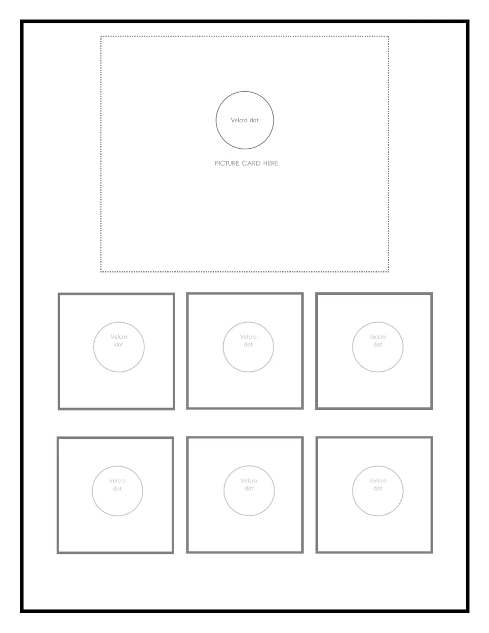 First blank clothing sorting mat for one category picture card and six matches, with Velcro dot labels.