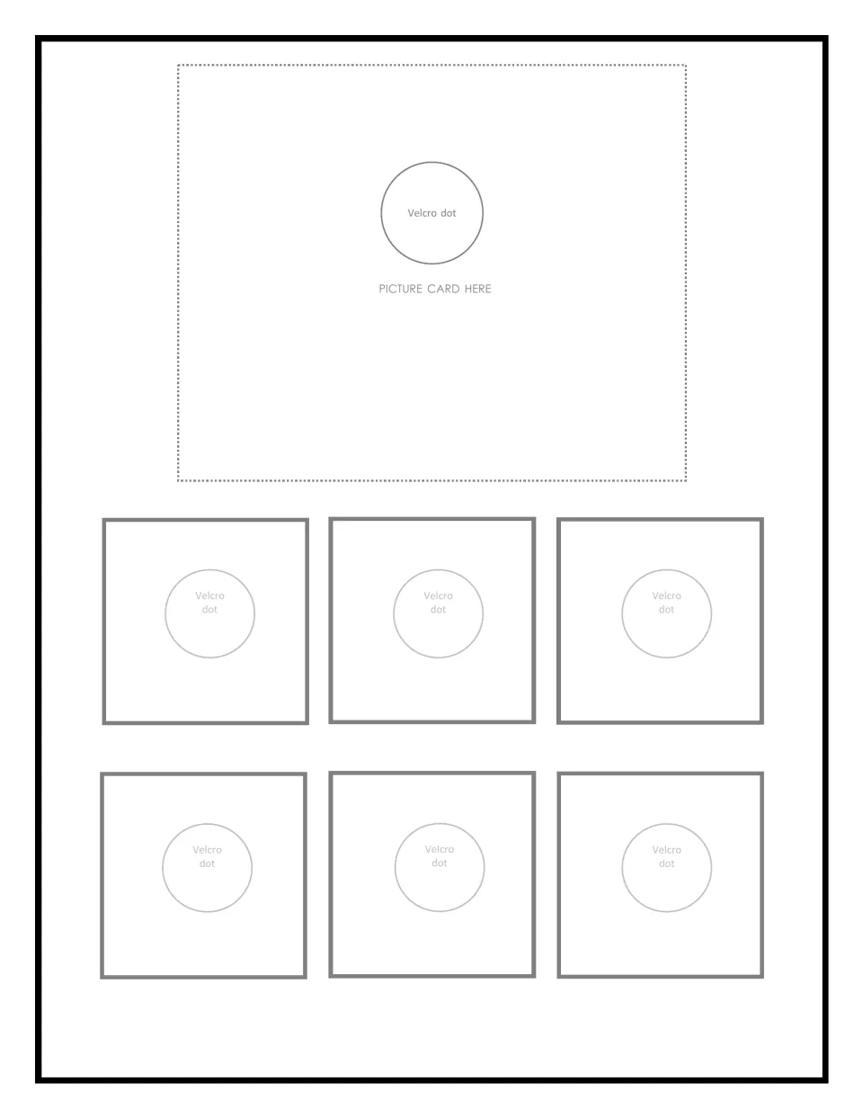 Second blank clothing sorting mat for one category picture card and six matches, with Velcro dot labels.