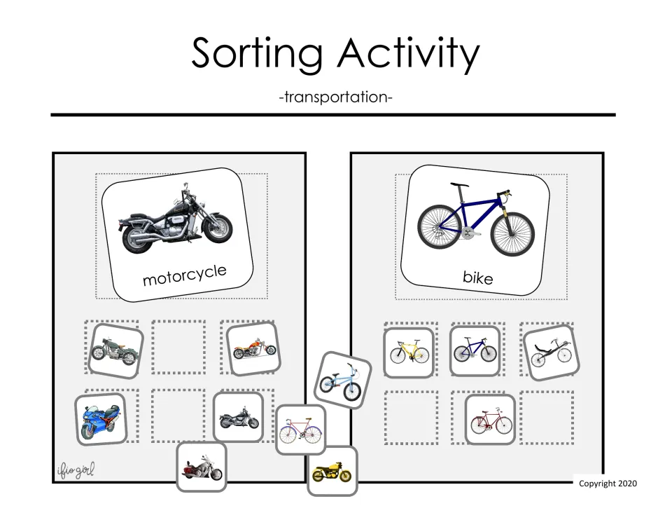 Transportation sorting activity cover showing motorcycle and bike cards grouped under matching labels