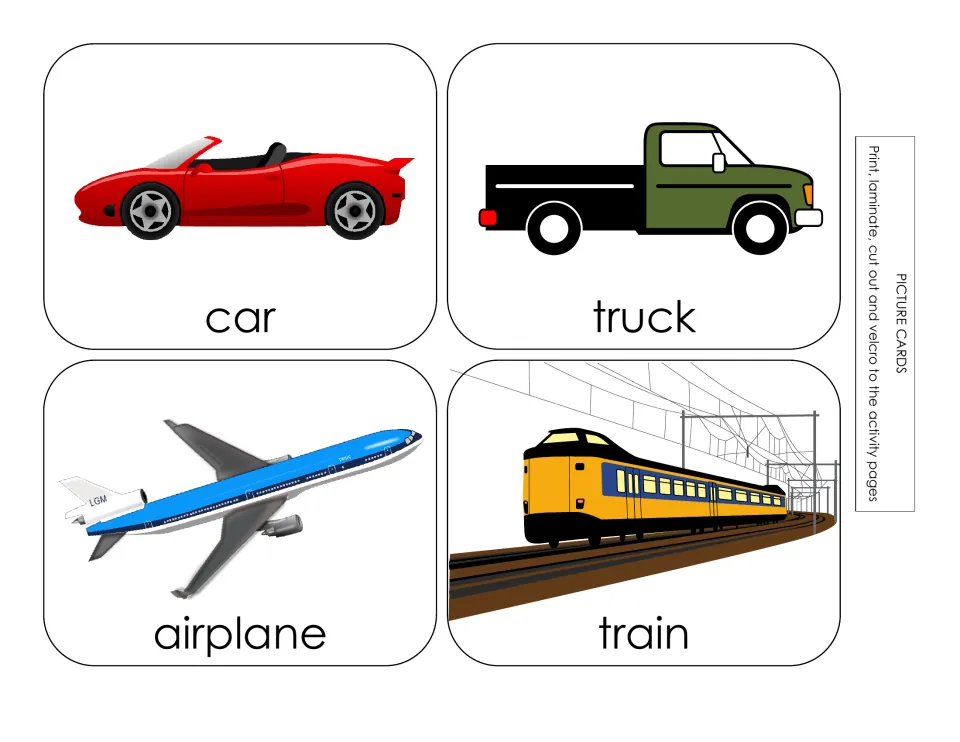 Transportation picture cards labeled car, truck, airplane, and train, to cut out for the activity pages