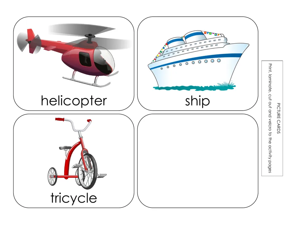 Transportation picture cards labeled helicopter, ship, and tricycle, to cut out for the activity pages