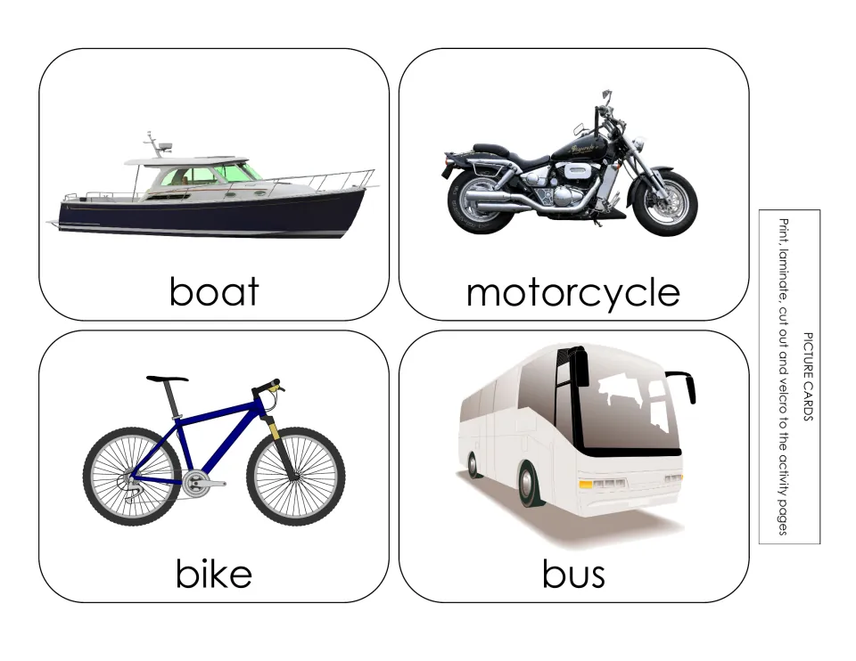 Transportation picture cards labeled boat, motorcycle, bike, and bus, to cut out for the activity pages