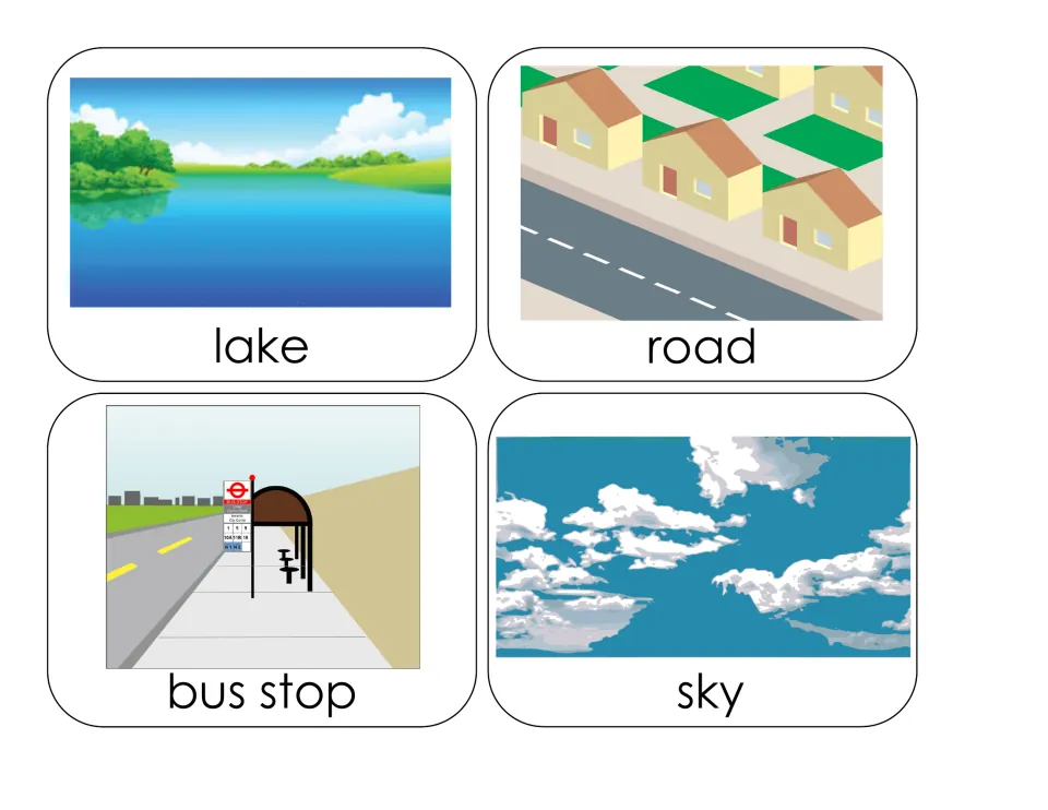 Location picture cards for the transportation sorting activity, labeled lake, road, bus stop, and sky