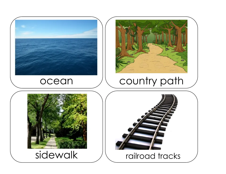 Transportation activity location cards labeled ocean, country path, sidewalk, and railroad tracks