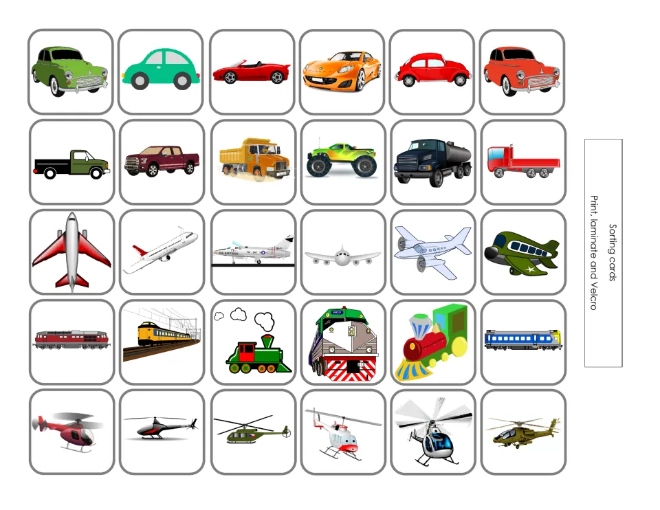 Transportation sorting cards: six different examples each of cars, trucks, airplanes, trains, and helicopters
