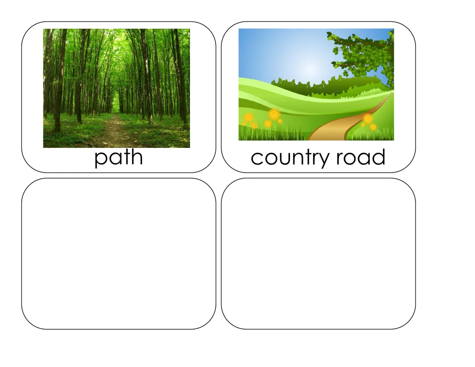 Location picture cards labeled path and country road for the transportation sorting activity's card set