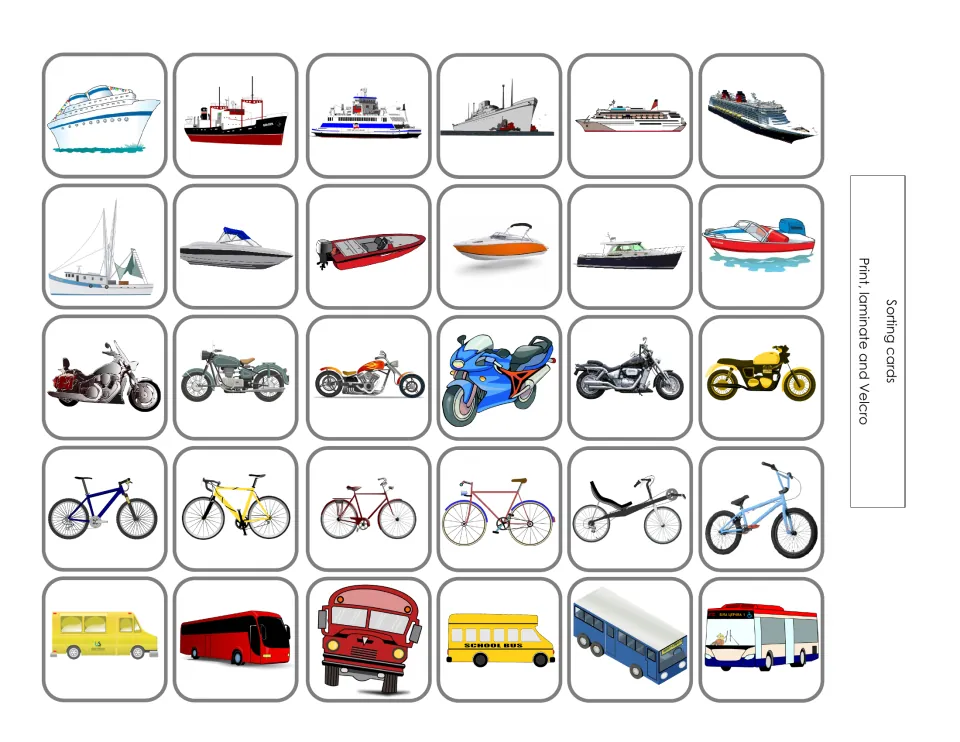 Transportation sorting cards: six different examples each of ships, boats, motorcycles, bikes, and buses
