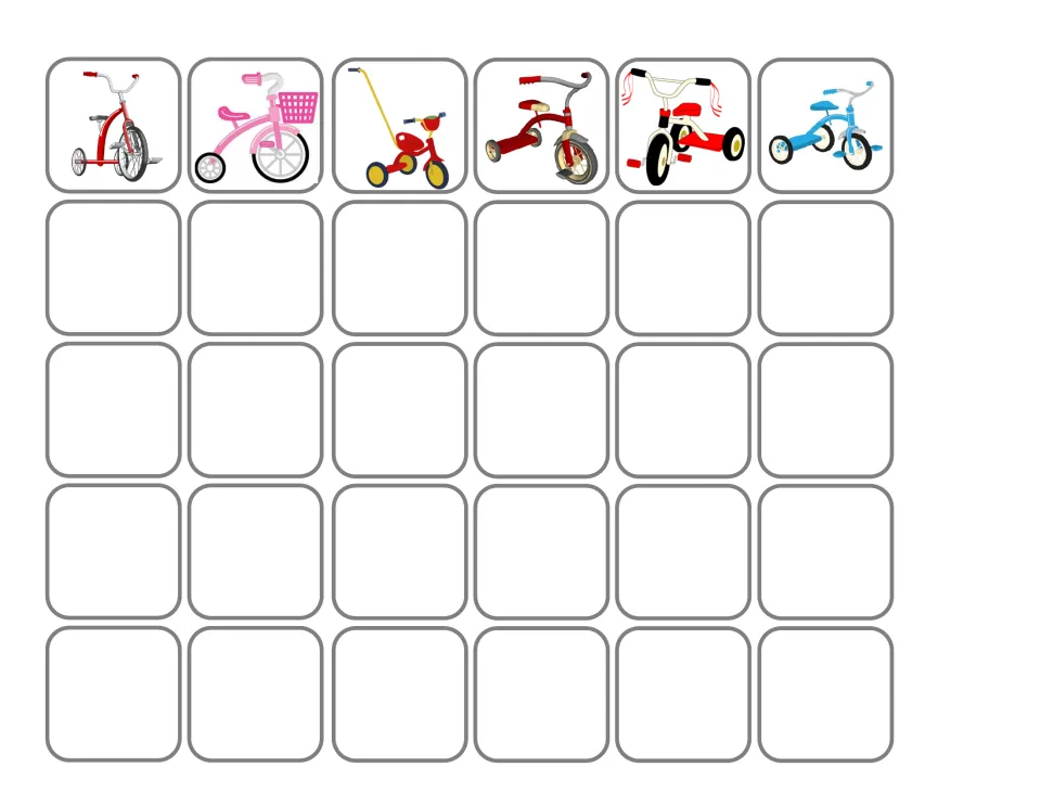 Six different tricycle picture cards complete the vehicle sorting card set in the transportation activity