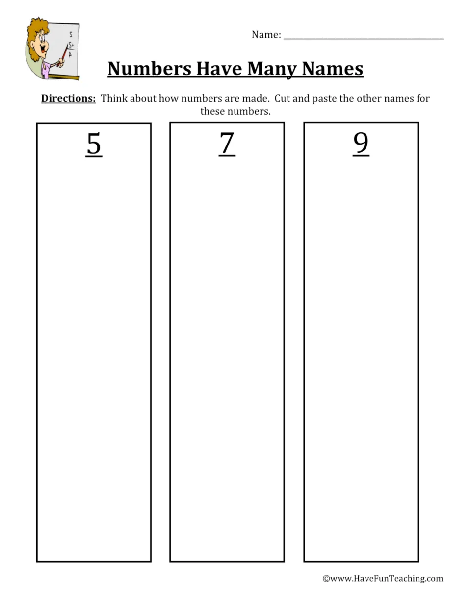 Numbers Have Many Names: students cut and paste addition expressions under 5, 7 or 9 to show ways to make a number