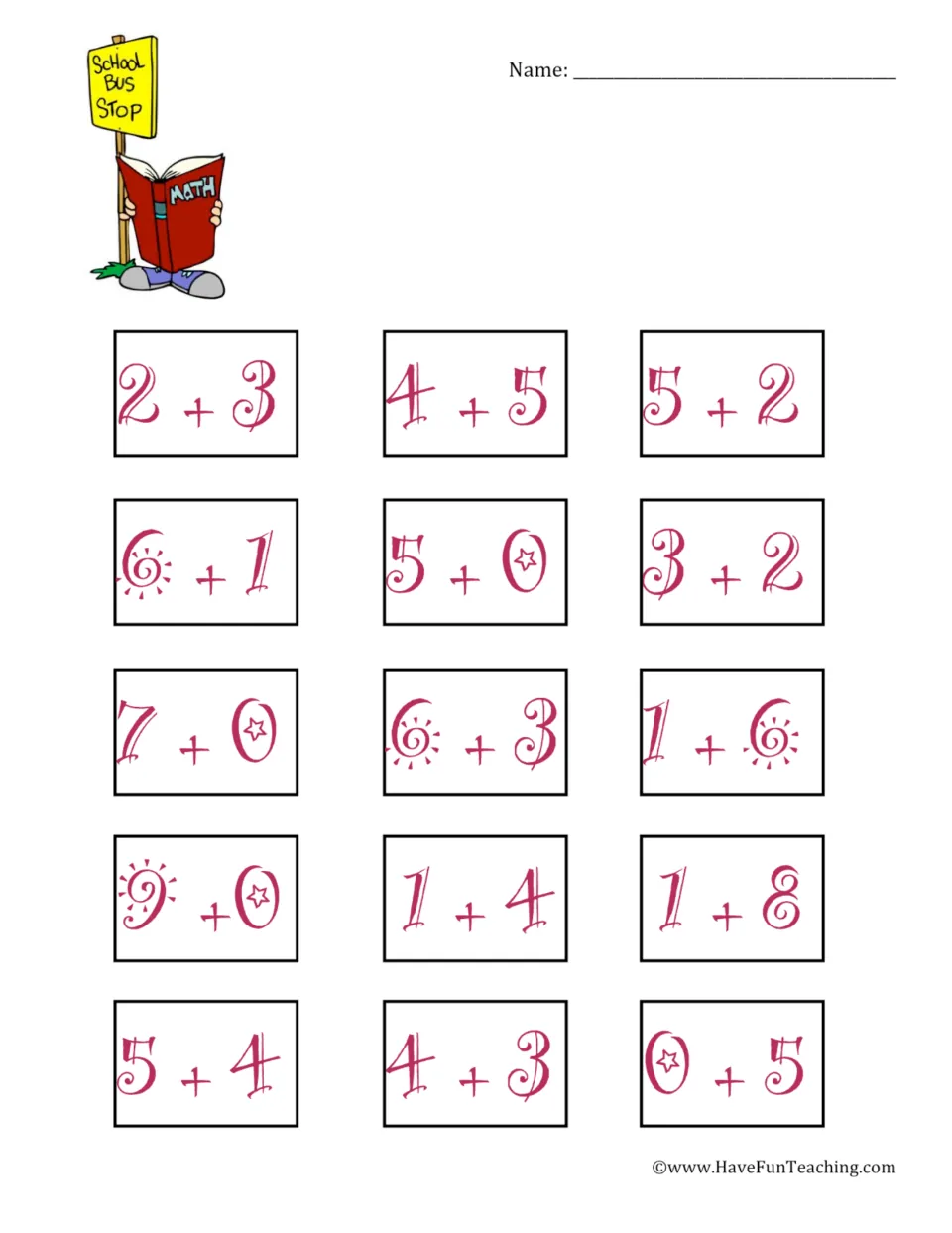 Cut-out cards with 15 addition expressions such as 2 + 3, 6 + 1, 4 + 5 and 9 + 0 to sort by sum of 5, 7 or 9