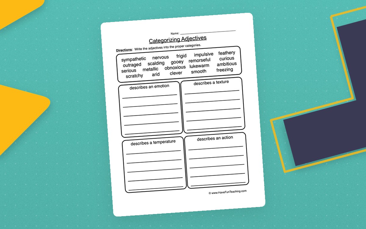 Sorting Adjectives Worksheet worksheet page with the activity title and student response area.
