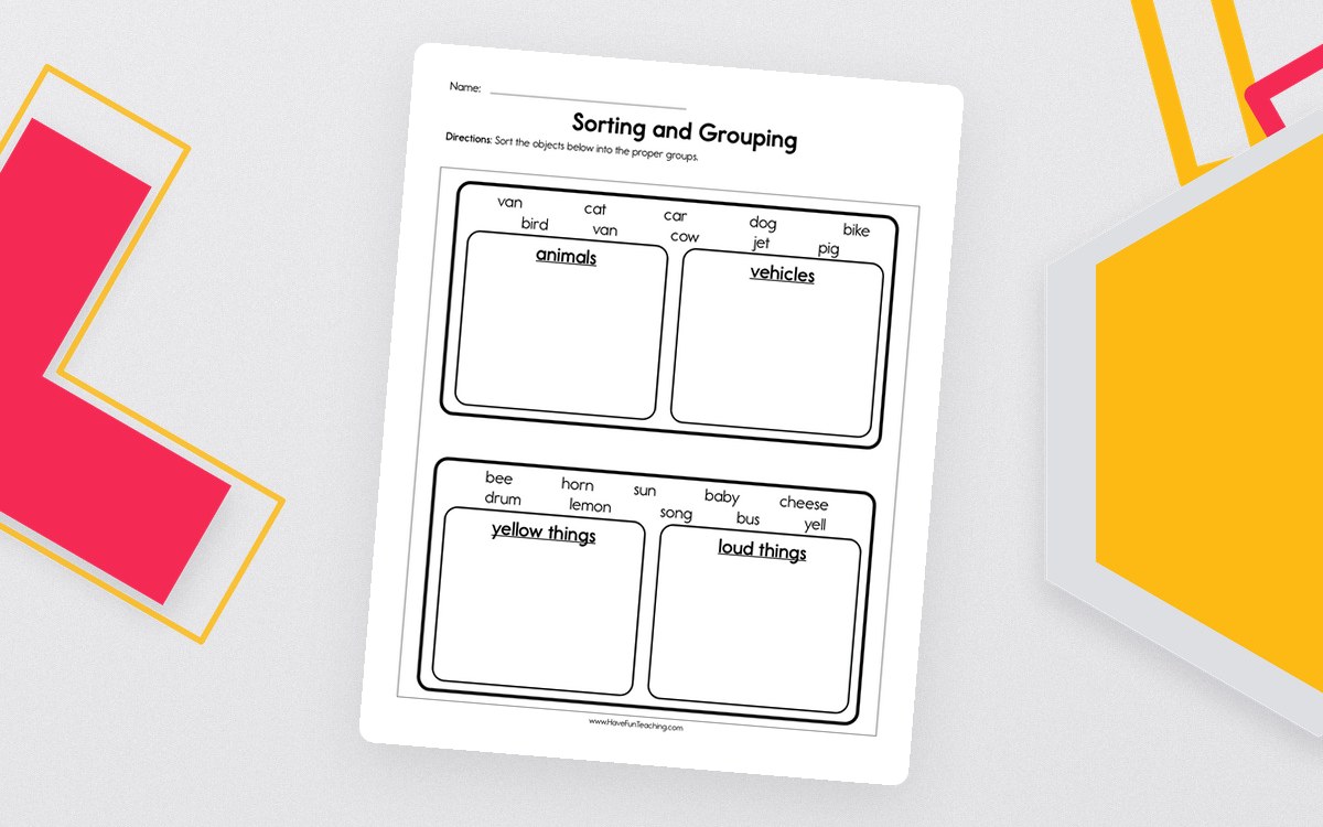 Sorting and Grouping Worksheet preview: Animal-versus-vehicle sorting task