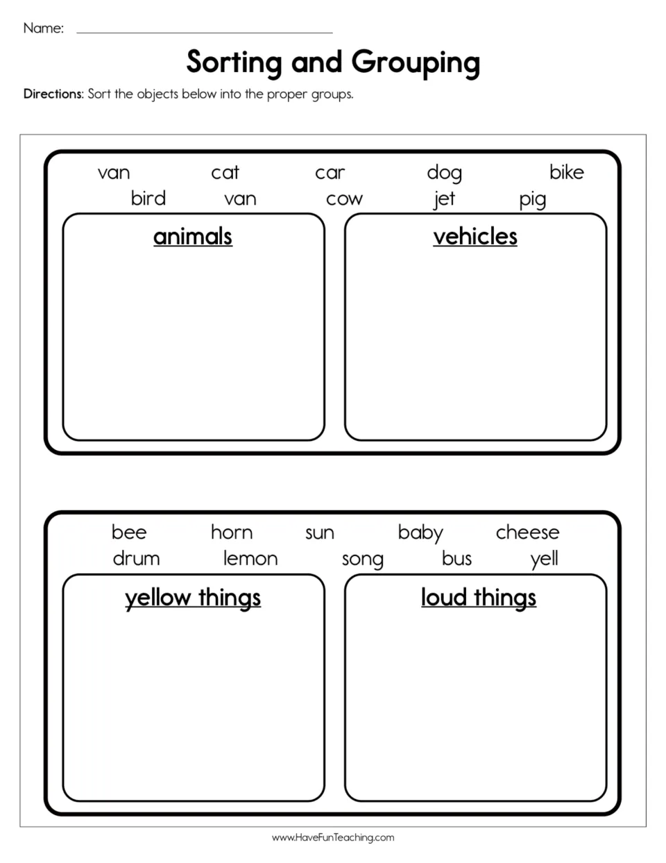 Sorting words into groups: students write 20 words under animals, vehicles, yellow things and loud things