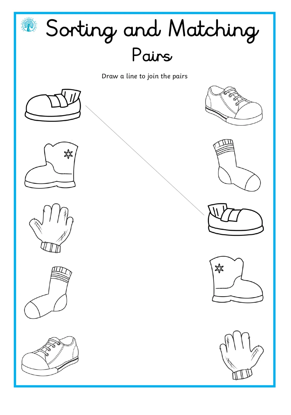 Pair-matching worksheet asks students to join five pairs: strap shoes, boots, gloves, socks, and lace-up shoes.