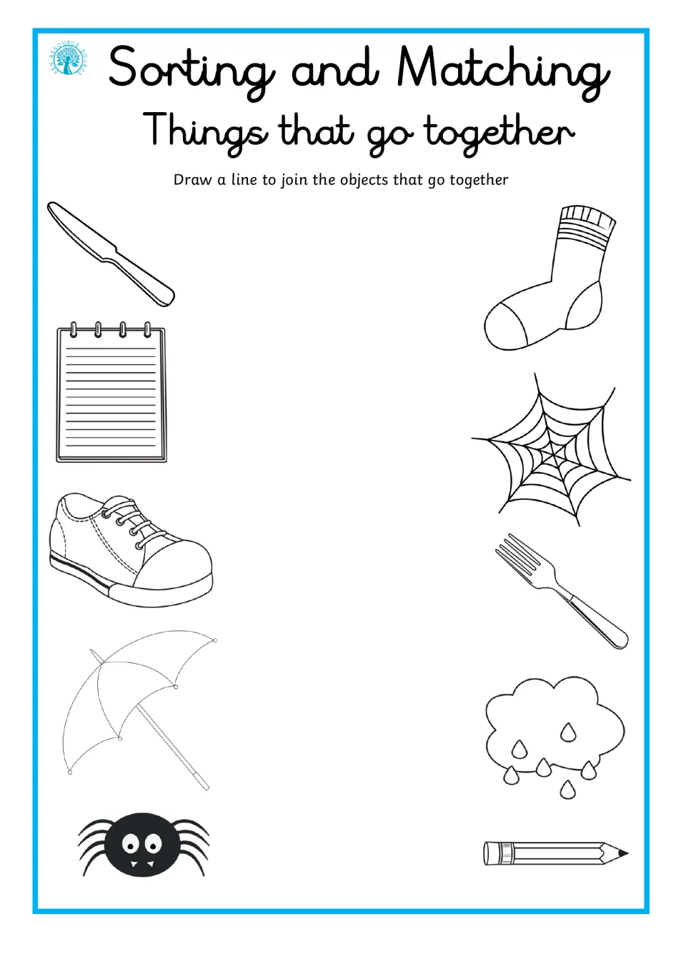 Related-object matching worksheet pairs a knife and fork, notepad and pencil, shoe and sock, and two more.