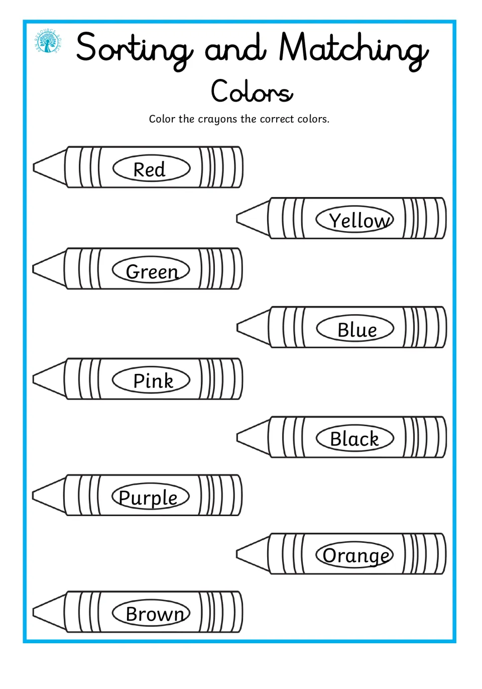 Color worksheet asks students to color nine labeled crayons: red, yellow, green, blue, pink, and four more.