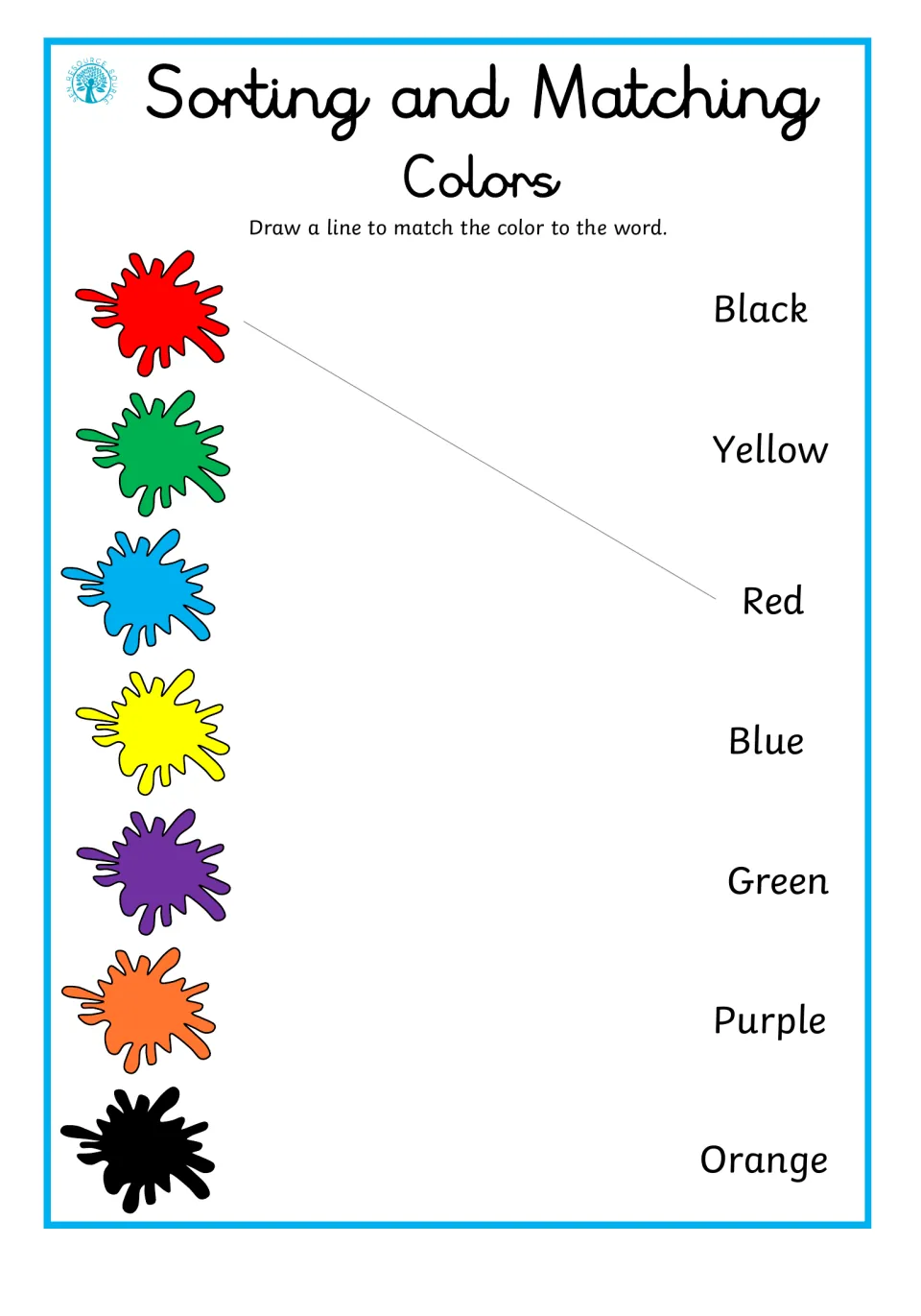 Color-matching worksheet asks students to match seven colors to words, including red, green, blue, and yellow.