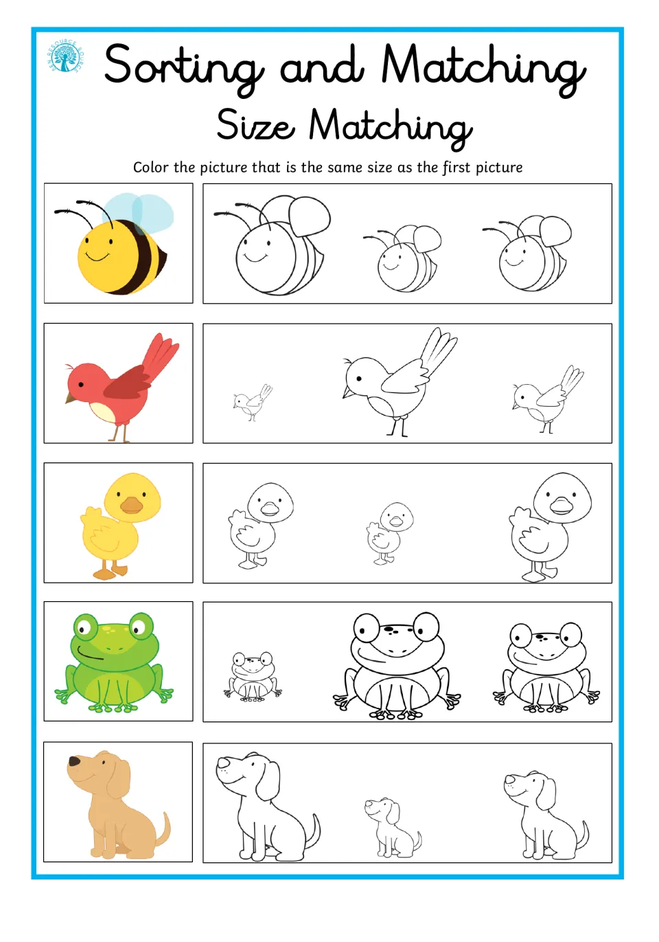 Animal size-matching worksheet asks students to color the same-size bee, bird, duck, frog, and dog.
