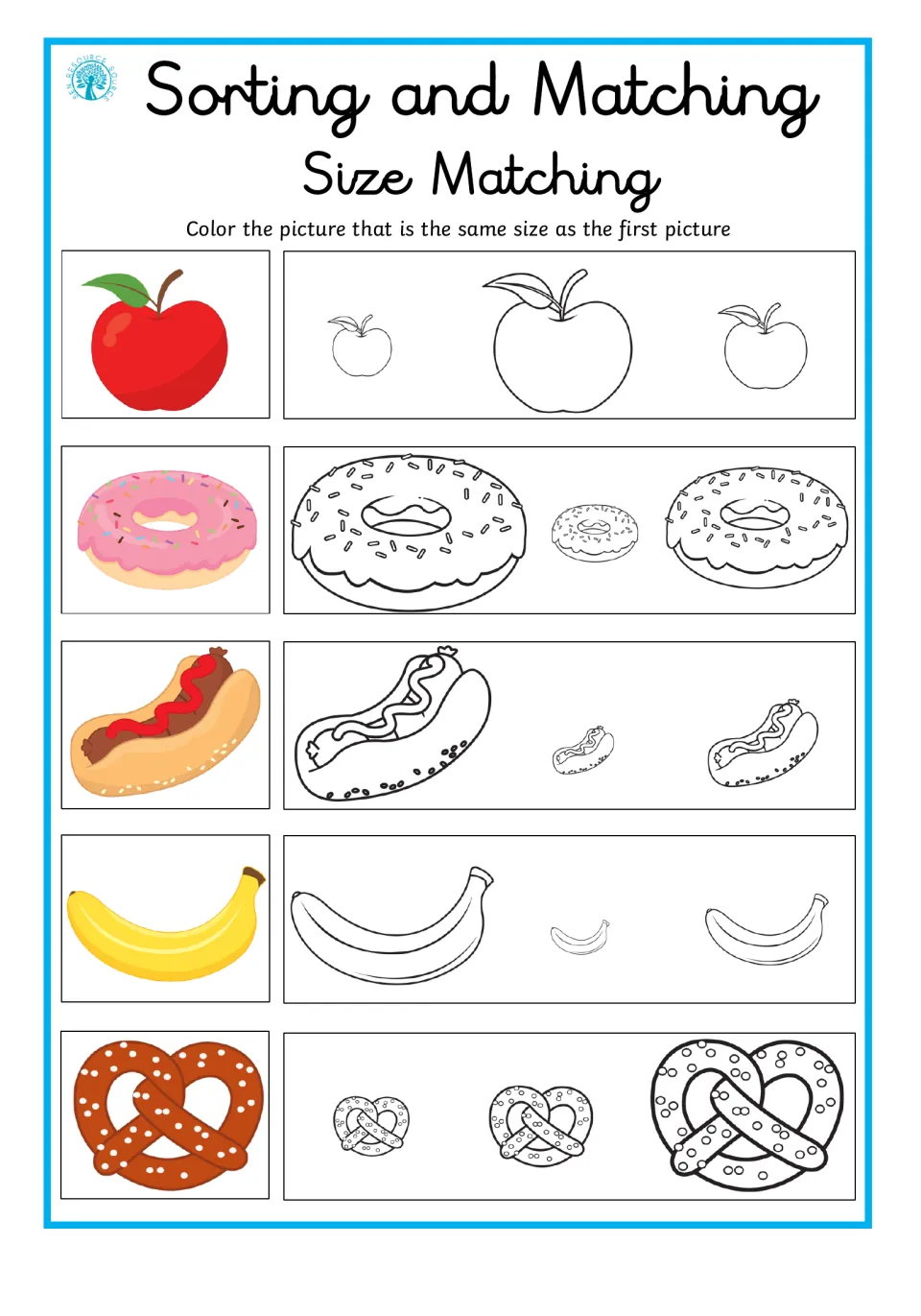 Food size-matching worksheet asks students to color the same-size apple, doughnut, hot dog, banana, and pretzel.