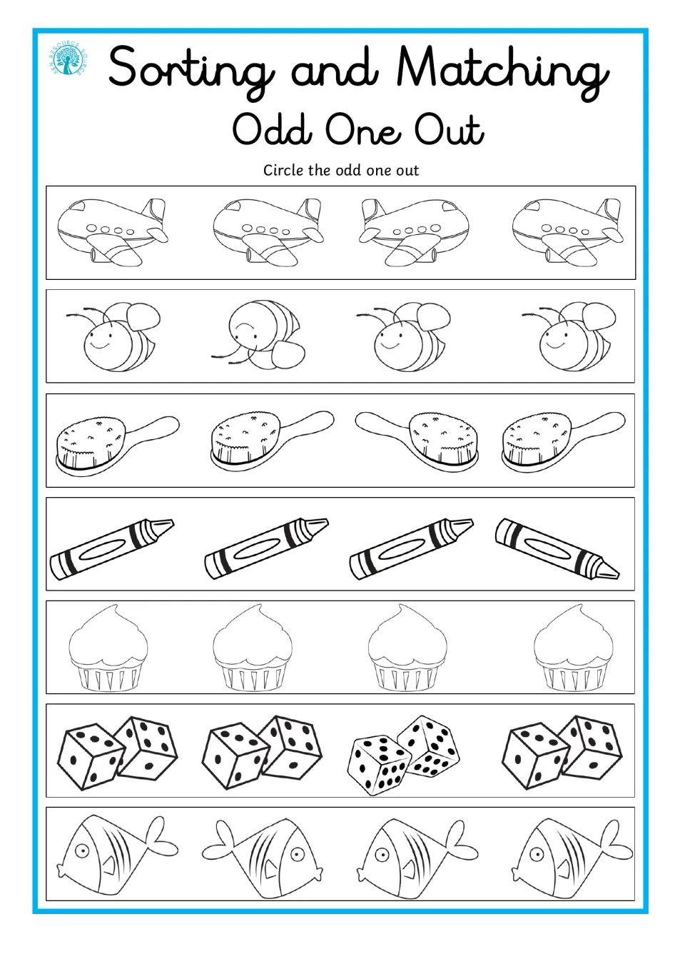 Odd-one-out worksheet asks students to circle a different picture in seven sets, including planes, bees, and fish.
