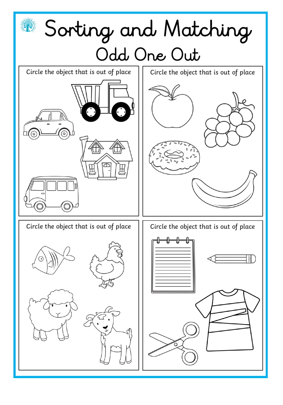 Odd-one-out worksheet asks students to find the misplaced object in vehicle, fruit, farm animal, and school sets.