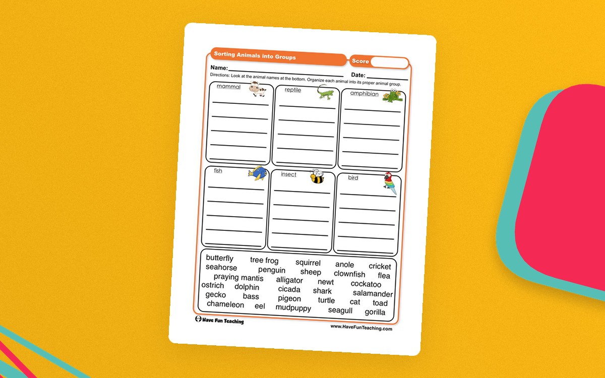 Sorting Animals into Groups Worksheet preview: A large bank of animal names