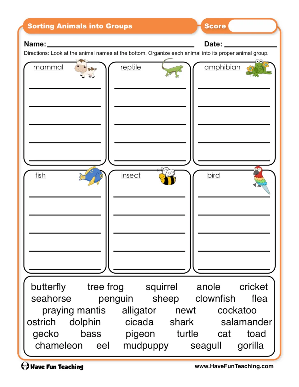 Animal classification: students write 30 listed animals under mammal, reptile, amphibian, fish, insect or bird