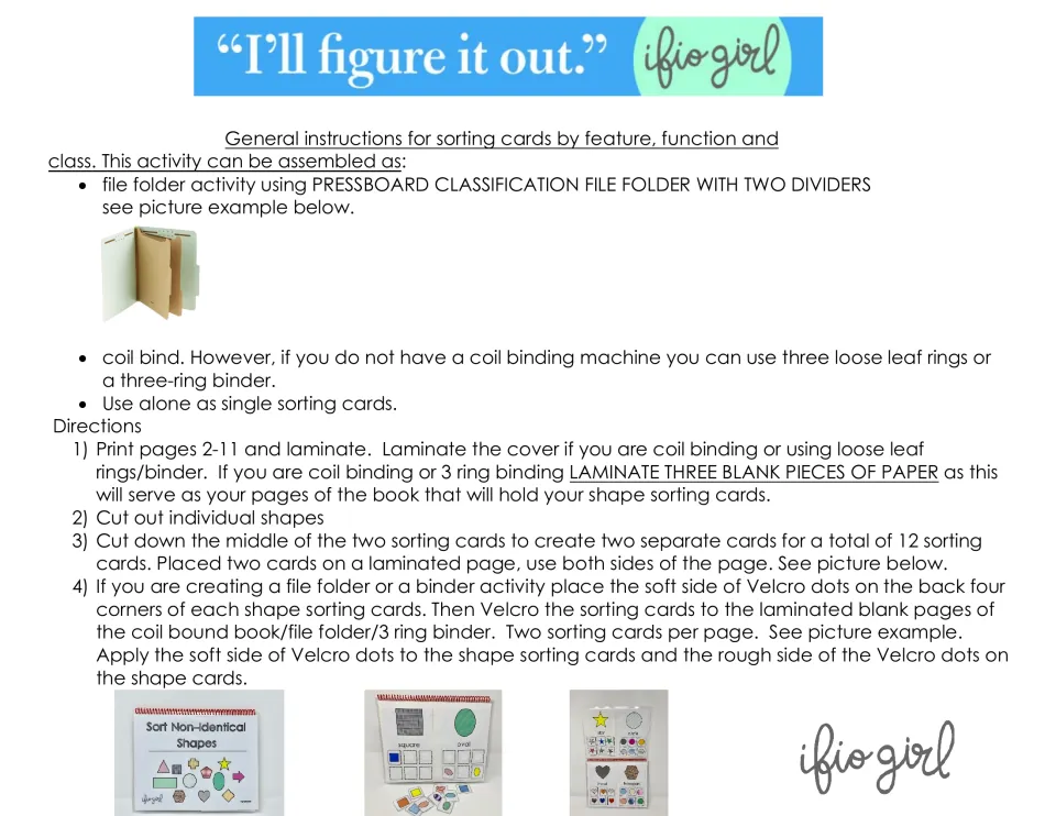 Assembly directions: print, laminate and cut out shapes, then Velcro cards into a file folder, coil-bound book or binder