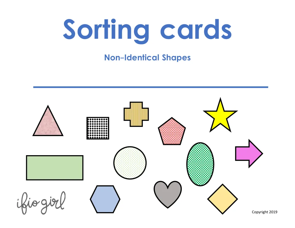 Cover titled Sorting cards, Non-Identical Shapes, showing a triangle, star, heart, oval, arrow, hexagon and other shapes