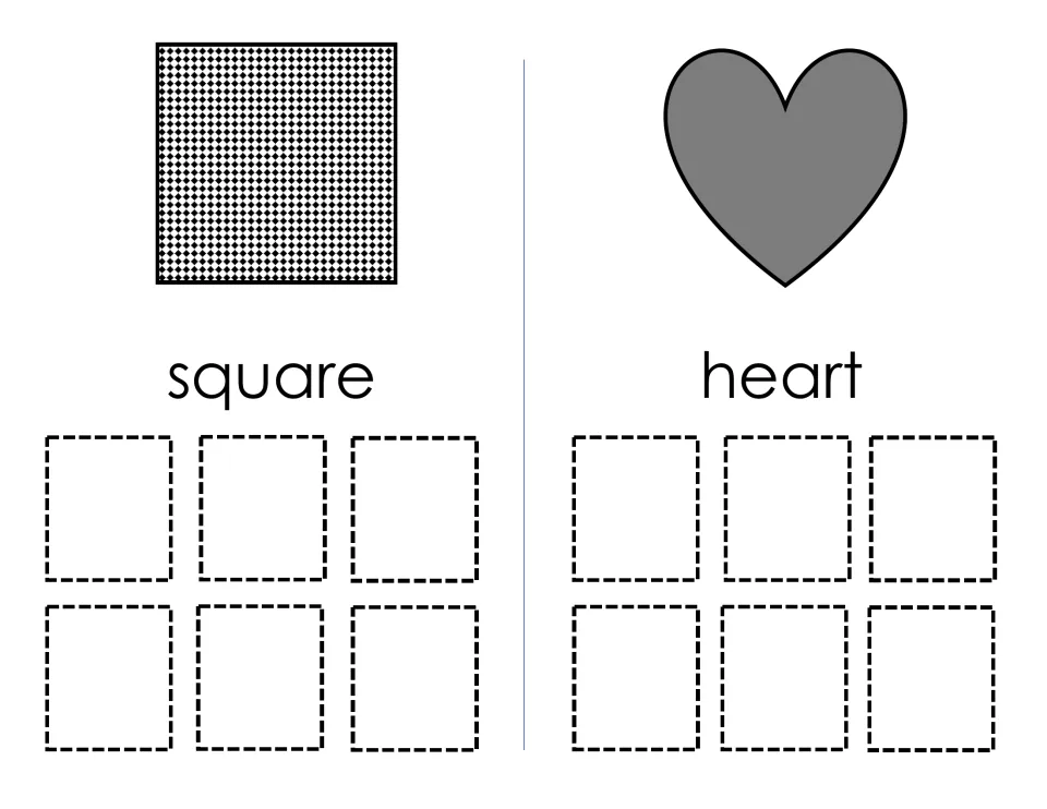 Square and heart mats: students sort six varied squares and six varied hearts onto the matching labeled model