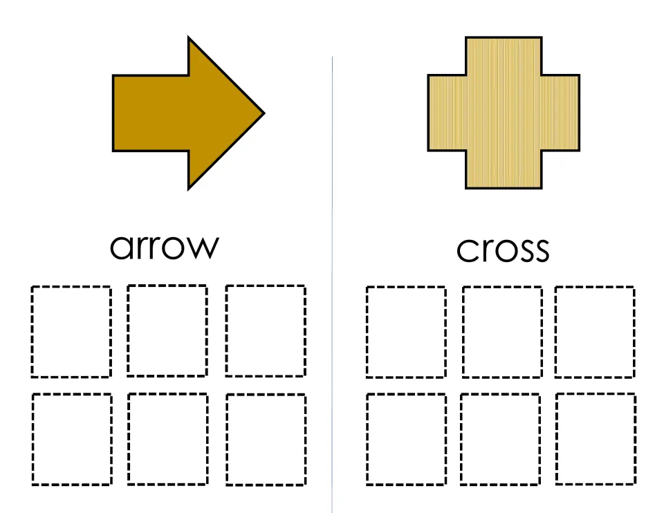 Arrow and cross mats: students place six arrows pointing different ways and six crosses under the matching model shape