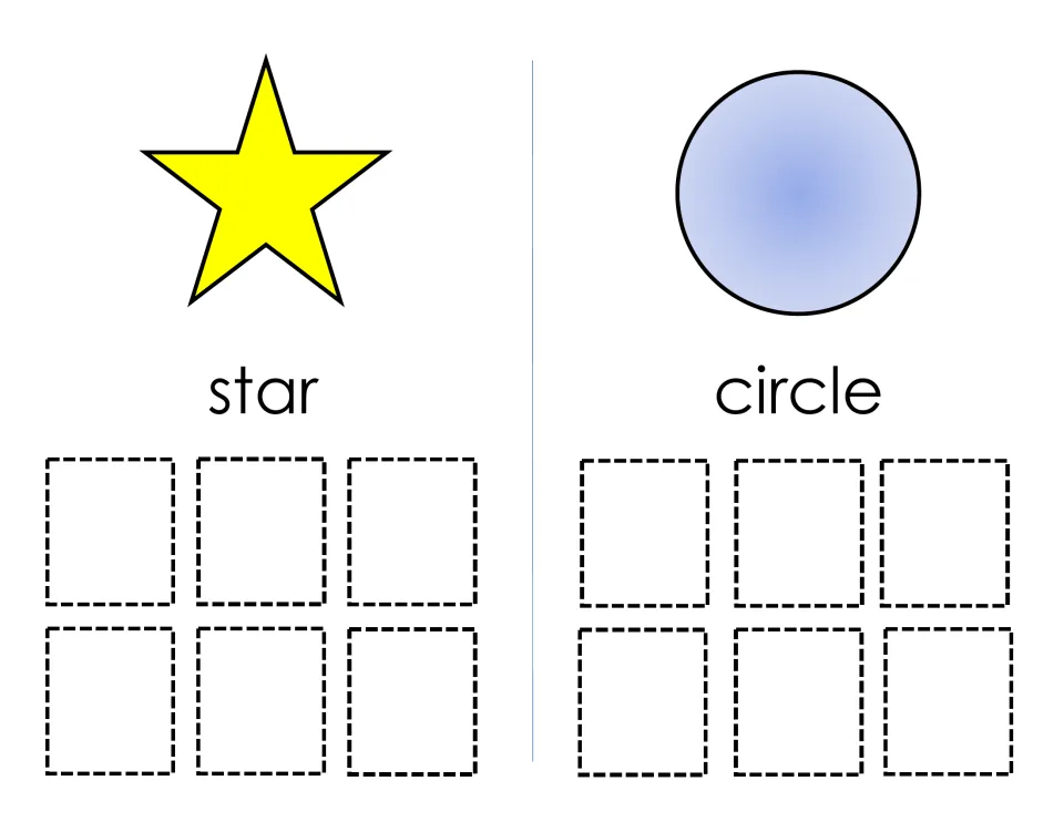 Star and circle mats: students sort six stars and six circles of different colors and patterns under each labeled model