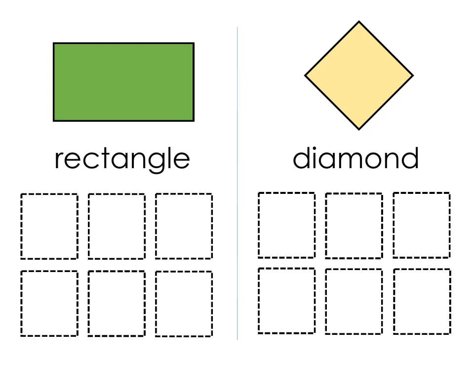 Rectangle and diamond mats: students match six rectangles and six diamonds in varied colors to each labeled shape