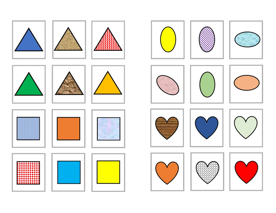 Cut-out shape cards: six each of triangles, ovals, squares and hearts in different colors, patterns and textures