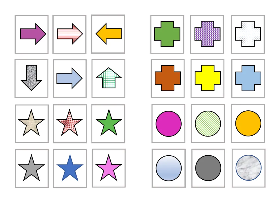 Cut-out shape cards: six each of arrows, crosses, stars and circles, varying in color, pattern and arrow direction