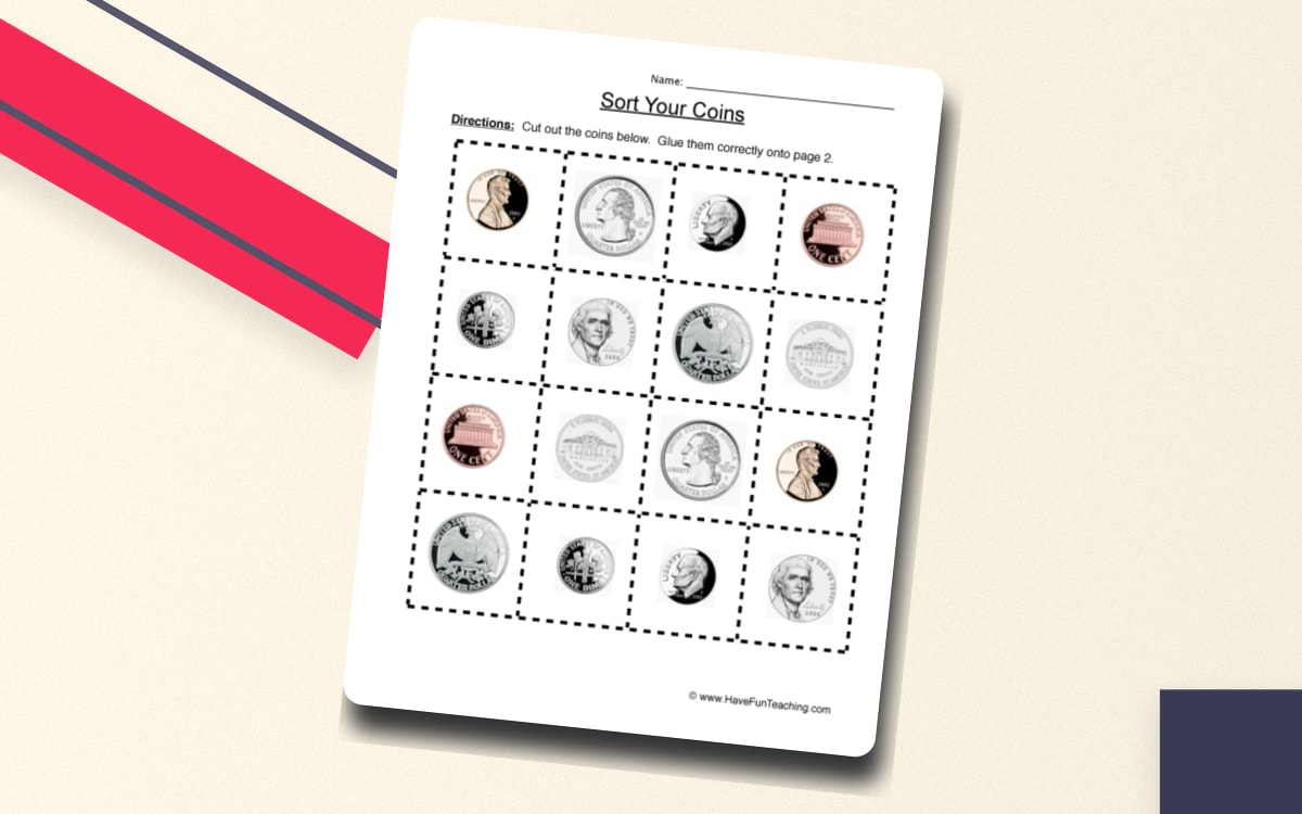 Sorting Coins Worksheet worksheet page with the activity title and student response area.