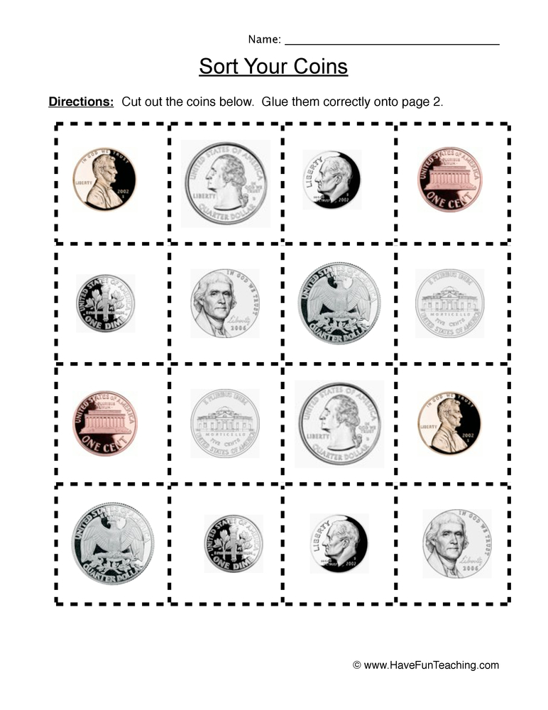 Sorting Coins Worksheet by Teach Simple